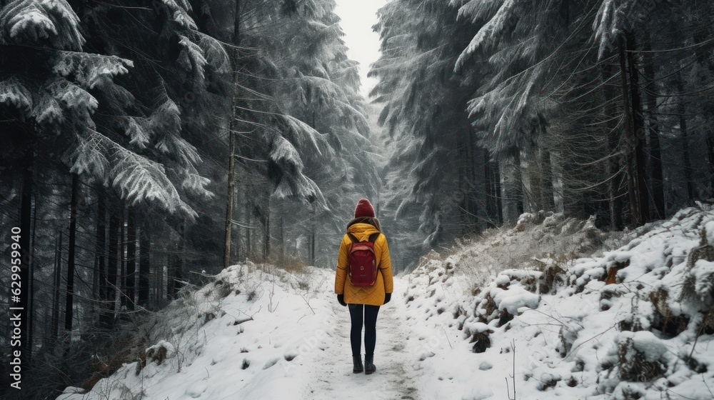 Winter walk in a snowy day. Woman hiker with backpack on a snowy mountain trail. Generative Ai.