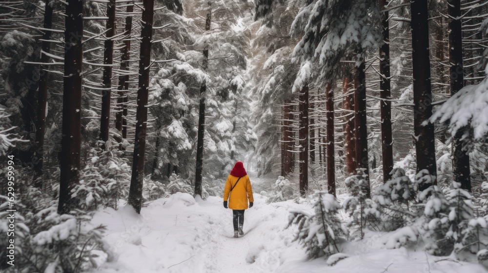 Winter walk in a snowy day. Woman hiker with backpack on a snowy mountain trail. Generative Ai.