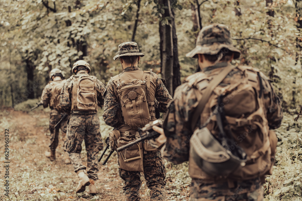 Modern warfare Soldiers Squad Running as Team in Battle Formation