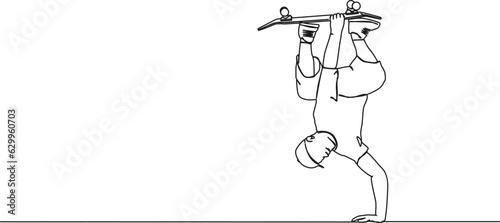 continuous single line drawing of skateboarder doing handplant trick, skateboarding line art vector illustration