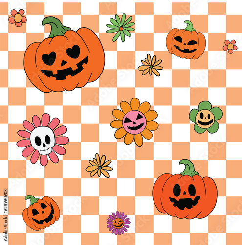 Groovy Halloween Background with pumpkin jack o latern and hippie flower, spooky season, scary, checked background