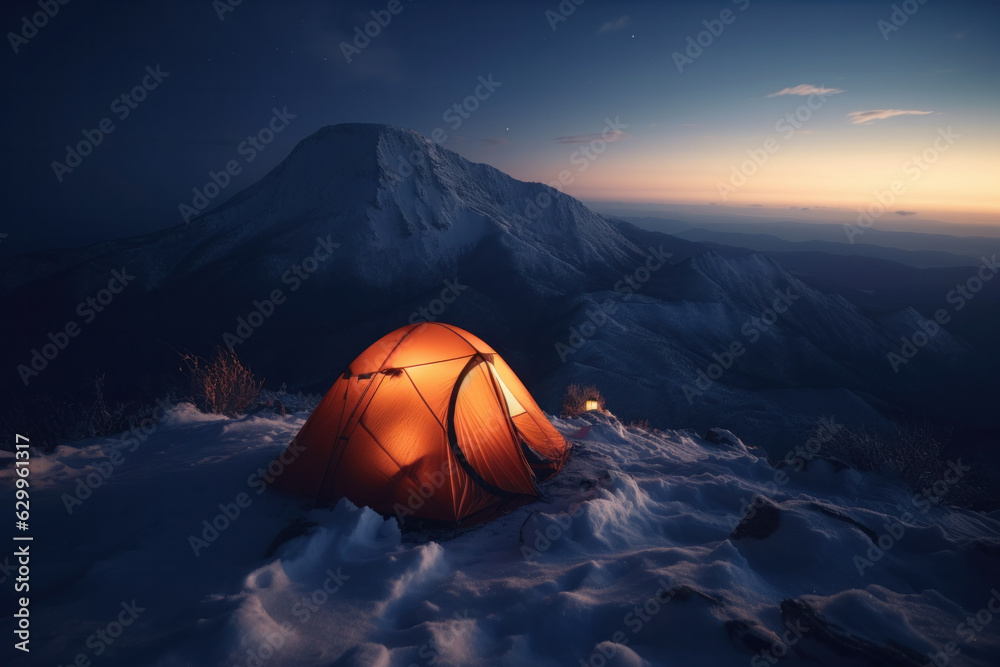A tent under the starry sky in a snowy landscape at night a perfect winter escape for nature lovers. AI Generative