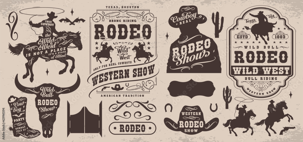 Rodeo show monochrome set emblems - obrazy, fototapety, plakaty 