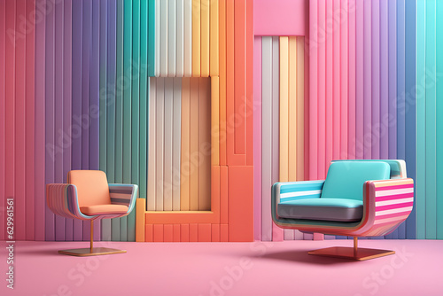 Abstract minimal concept. Pastel multi colour vibrant groovy retro striped background wall frame with bright armchair decor. Generative AI