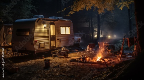 Water heating on open fire near trailer at night. Camping season Generative AI