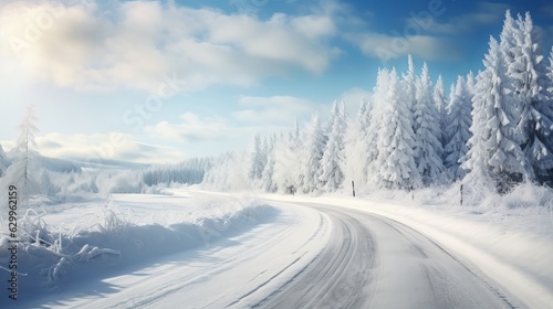 winter road, covered with snow on sunny day generative AI © Marry