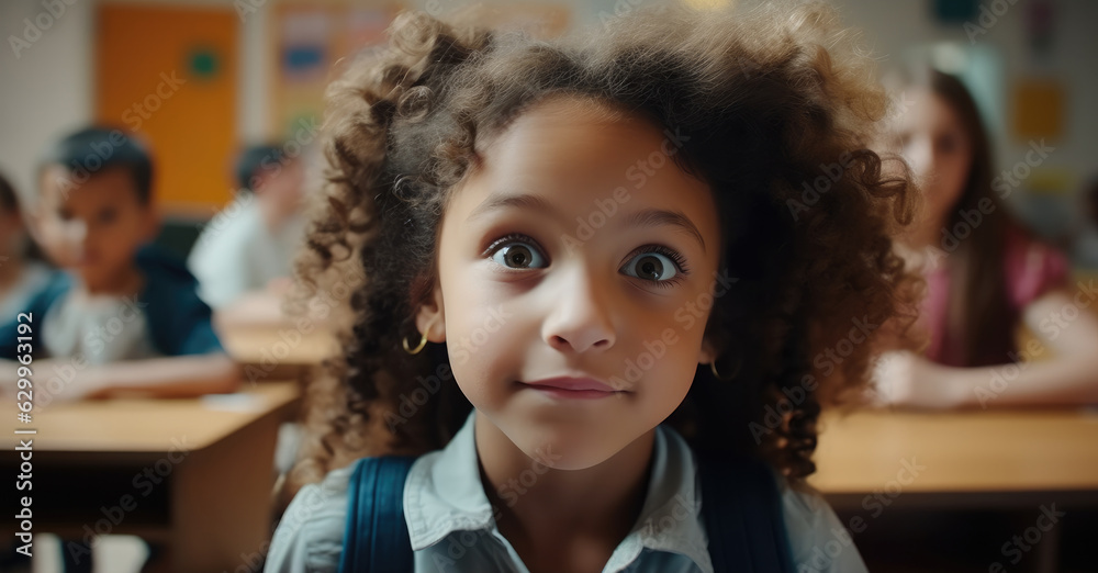 Happy child experiencing the first day of school in kindergarten or preschool. Happy child experiencing the first day of school in kindergarten or preschool.