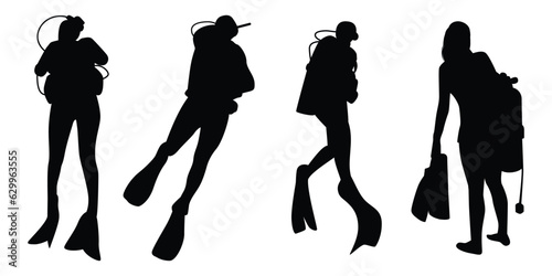scuba divers or scuba diving Silhouettes Vector Illustration