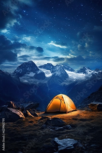Lonely tent in the night mountains nature. AI generated image.