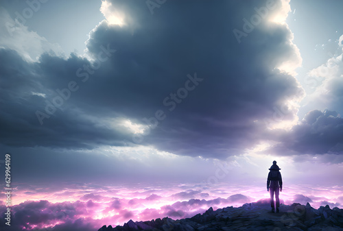 Fantasi man stands in front of a shining sky with a large cloud in the background. Generative AI