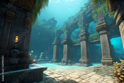 Underwater ocean scene with the castle ruins of the lost city of Atlantis and its ruins, Generate AI