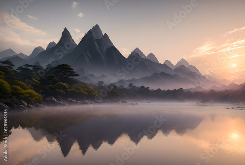 Beautiful landscape mountain lake sunset wallpaper image, The mountain is reflected in the lake against the background of the sky, Generative AI