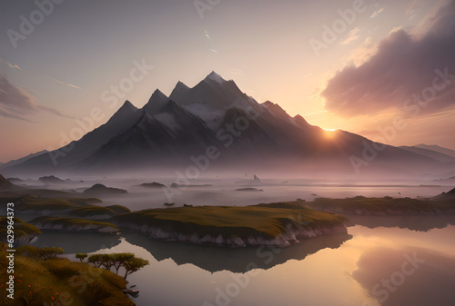 Beautiful landscape mountain lake sunset wallpaper image, The mountain is reflected in the lake against the background of the sky, Generative AI © LIUBOMYR