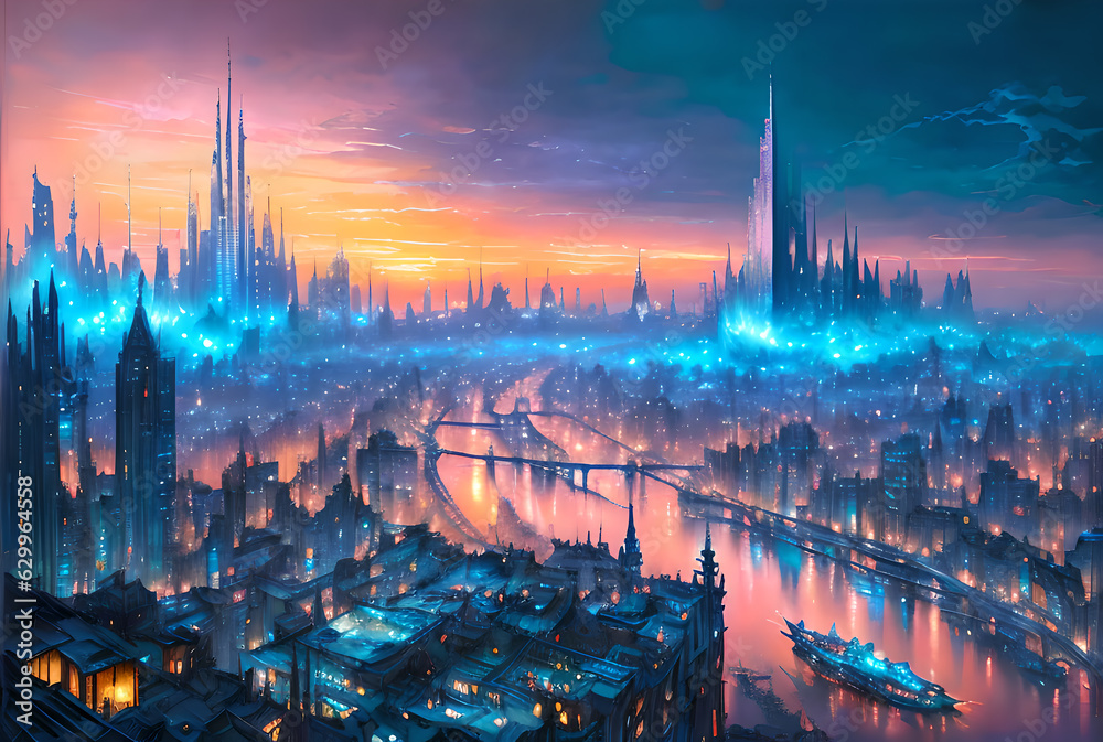 Obraz premium Big city landscape, futuristic city view with hi-tech buildings, roads and modern skyline in the background, Generative AI