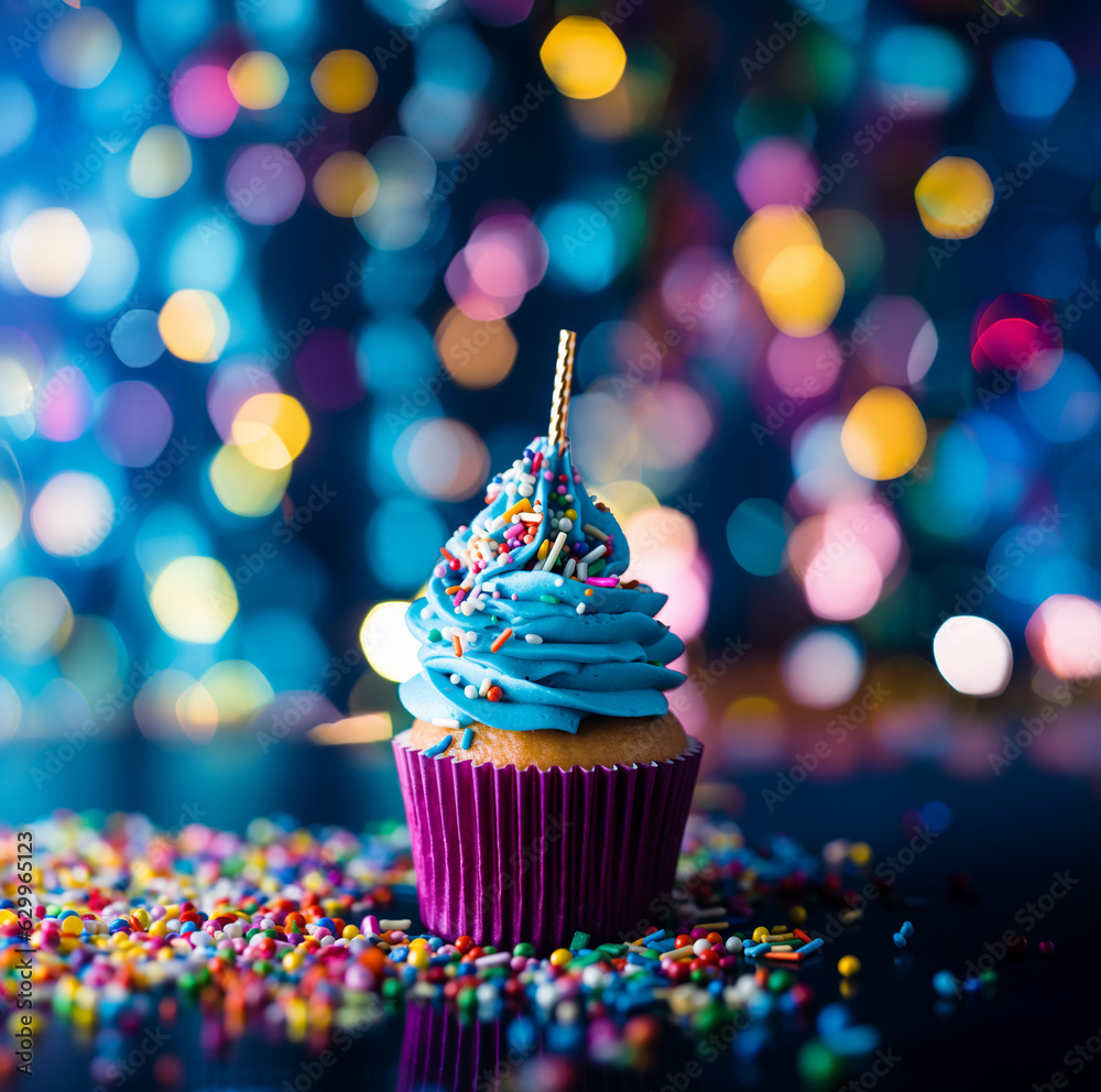 One delicious gorgeous cupcake with sprinkles at a party. Beautiful blue cup cake at a birthday celebration. AI-generated