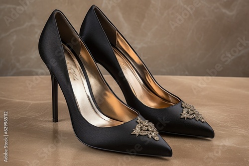 elegant black heels with metallic accents and crystal details