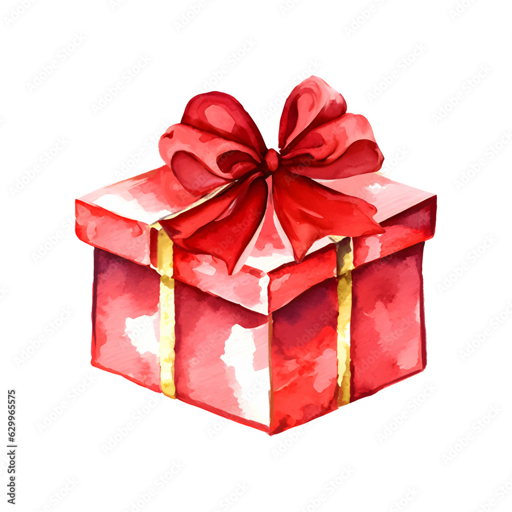 Obraz premium Red gift box watercolor isolated on white background illustration