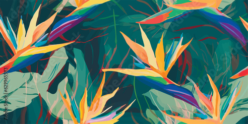 Abstract jungle pattern with strelitzia flowers. Contemporary seamless pattern. Natural colors. Fashionable template for design