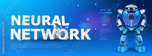 Neural network. Futuristic cyber banner with robot. Robotics banner and artificial intelligence concept. Communication Internet technologies of neural networks. Robotic chat bot