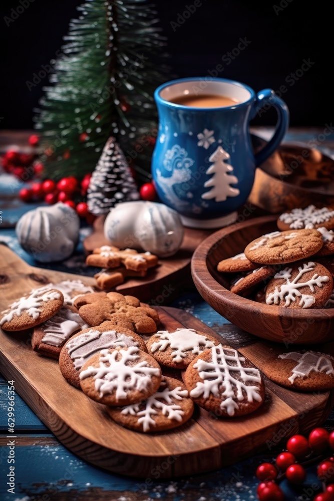 festive christmas cookies and hot cocoa on a table