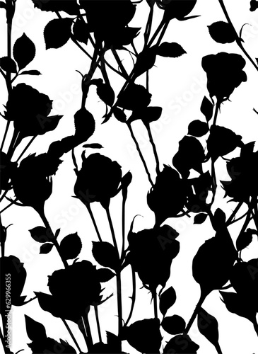 Abstract Hand Drawing Rose Buds Bouquets and Leaves Silhouettes Seamless Vector Pattern Isolated Background