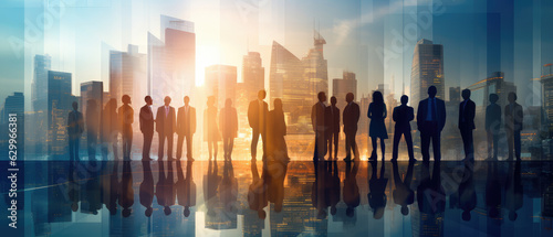 Silhouettes of some business people in front of the modern city background