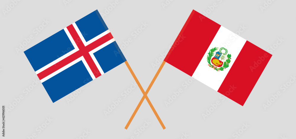 Crossed flags of Iceland and Peru. Official colors. Correct proportion