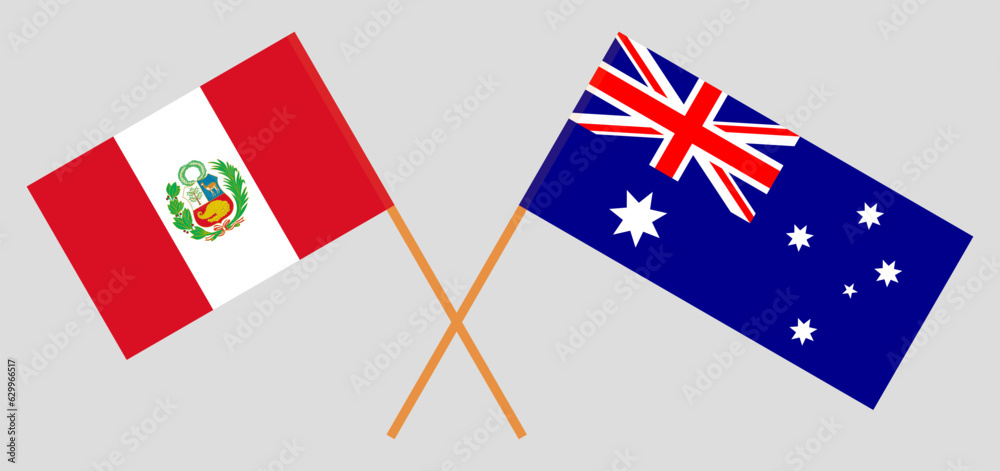 Crossed flags of Peru and Australia. Official colors. Correct proportion