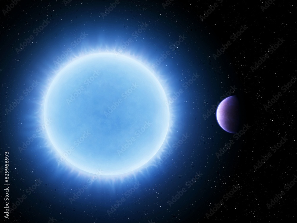 Tidally locked planet in outer space. System of blue star and giant planet. Exoplanet near the sun.