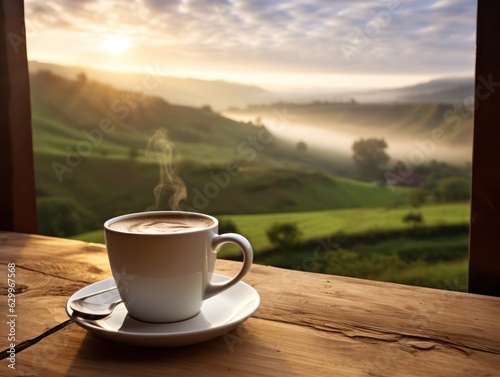A cup of coffee on wooden table beside natural green grass field in the morning sunrise. Generative Ai.