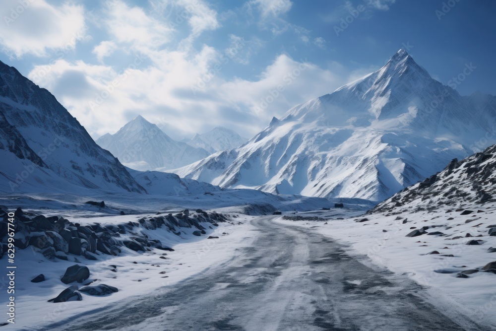 winter road and trees with snow and alps landscape. Generative Ai.