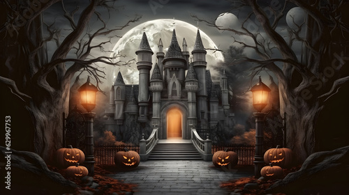 Halloween night scene with castle in full moon background