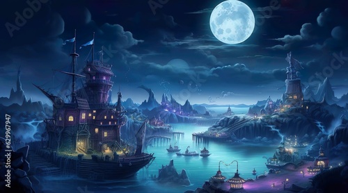 Fantasy A castle on a lake with a full moon in the background © Adi