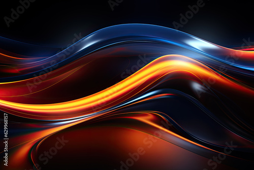 3d render, abstract geometric background illuminated with blue and orange neon light. Glowing wavy line. Futuristic minimal wallpaper.