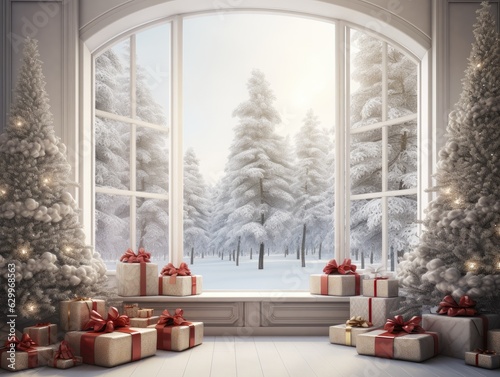 Christmas A White Picture Window with white snow and trees behind