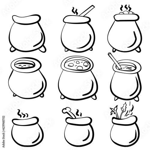 Outline set of witches cauldrons in doodle style, magical utensils for brewing potions