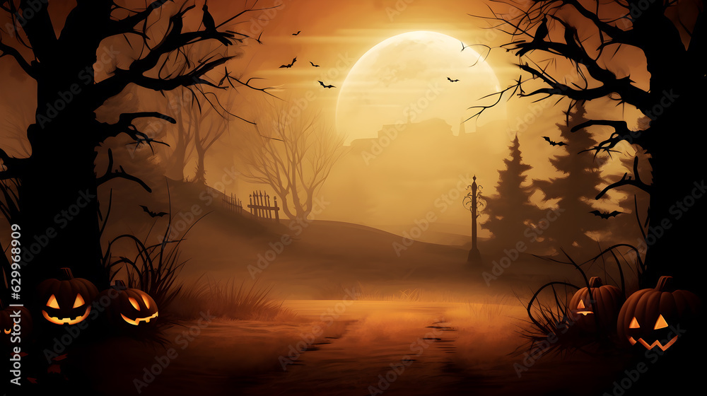 Halloween background with pumpkins and bat 