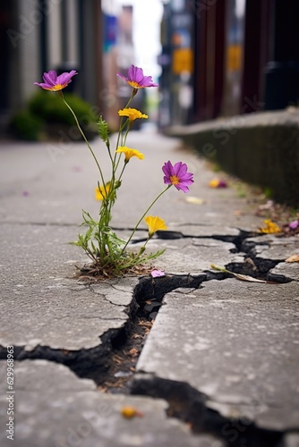 tiny flowers emerging through cracks in pavement