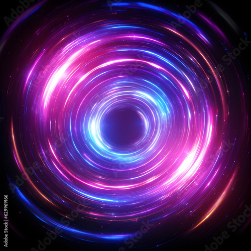 3d render, abstract cosmic background with galaxy and stars. Round vortex. Pink blue neon lines spinning around the black hole