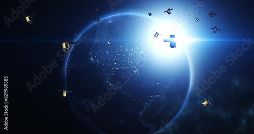 Satellites Flying Around Earth And Enabling High-Speed Internet and Telecommunication. Industry And Technology Related 3D Animation. photo