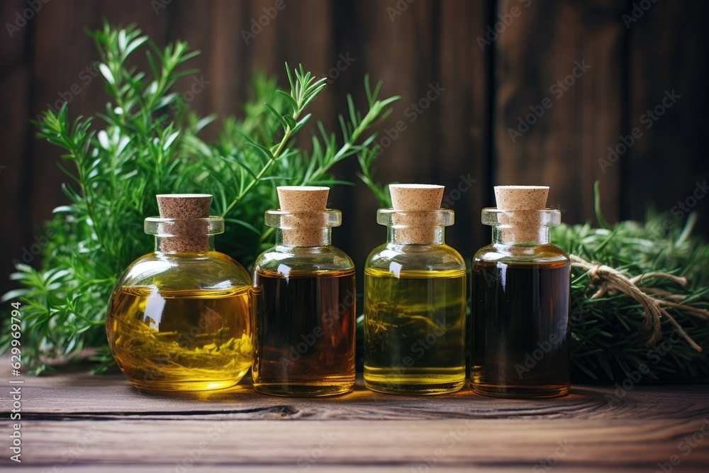 essential oil bottles with wooden background and greenery essential oil bottles with wooden background and greenery