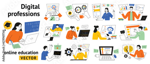 Digital professions online course, IT distant education, people study coding and machine learning, collection of vector illustrations with students and teachers in information technology