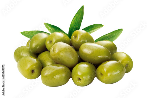composição de azeitonas verdes com folha de oliva isolado em fundo transparente - azeitona cozida  photo