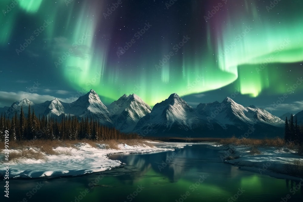 Northern Lights on the night sky. Aurora Borealis. AI generated, human enhanced