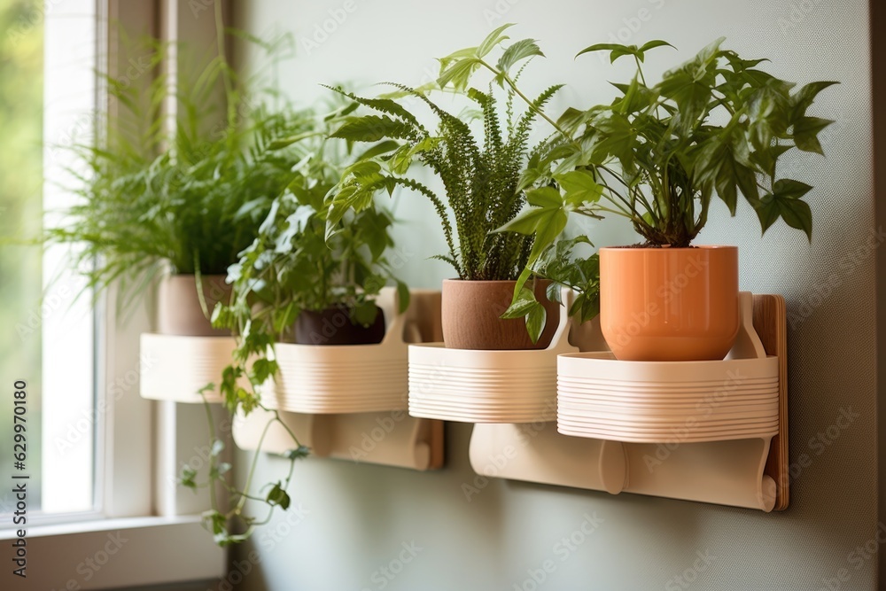 self-watering plant pots on a modern-designed shelf