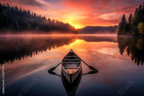 canoe floating on calm lake during sunrise