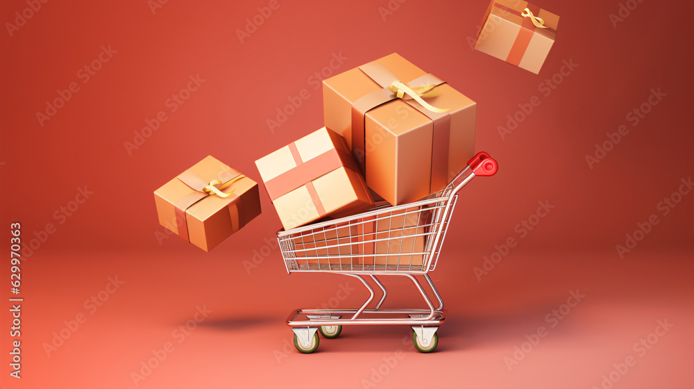 3d Illustration Shopping Trolley with Parcel boxes, Shopping Online Concept.