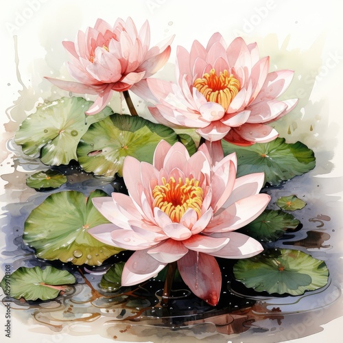 Watercolor Clipart on White Background Lily Pad with Pink Water Lotus Flower