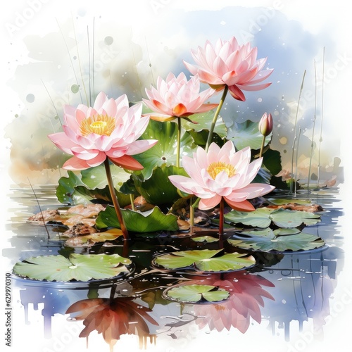 Watercolor Clipart on White Background Lotus Flower on Lily Pad