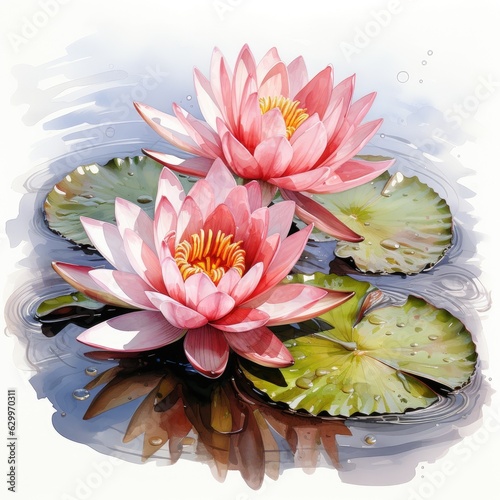 Watercolor Clipart on White Background Lily Pad with Pink Water Lotus Flower